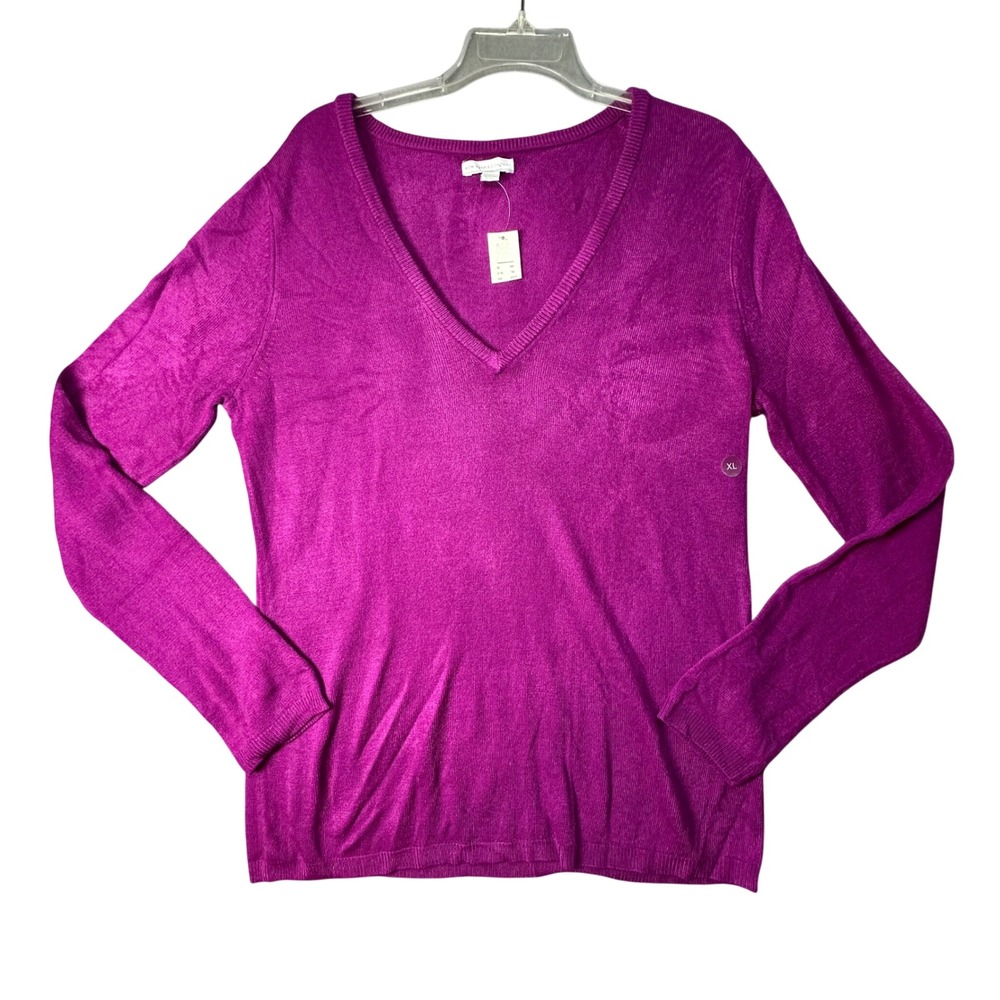 New York & Company V-Neck Sweater Magenta Purple Knit Pullover Preppy XL NEW
